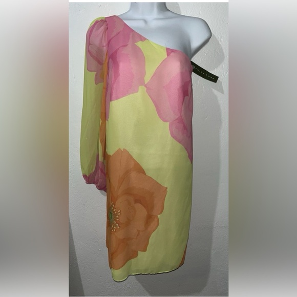 NWT Trina Turk Admirable Floral-Print One Shoulder Mini Dress Pink/Orange Size 4 - Picture 2 of 9